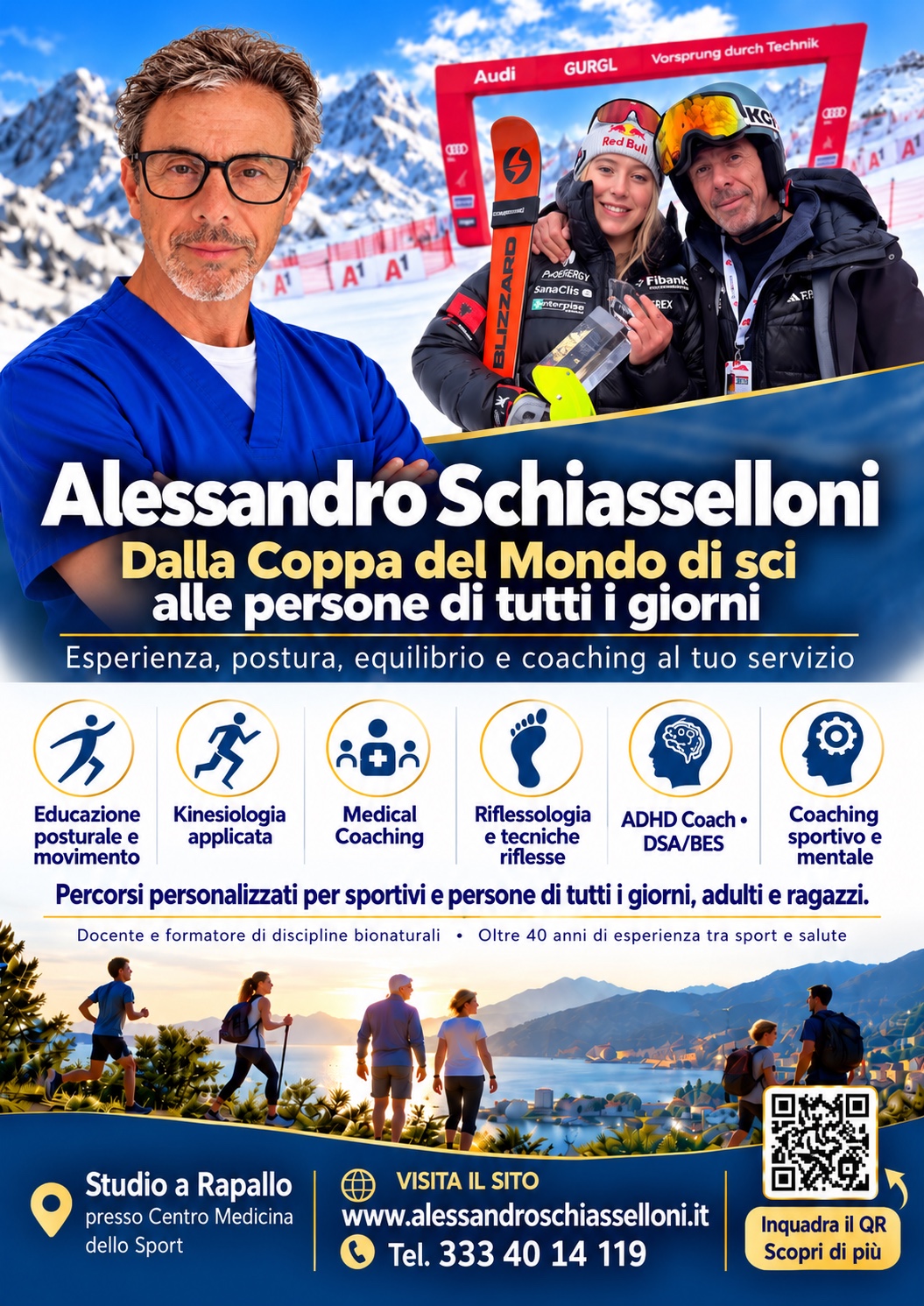 Poster professionale 2026 di Alessandro Schiasselloni: dalla Coppa del Mondo di sci alle persone di tutti i giorni, con le sei attività professionali e i contatti dello studio di Rapallo